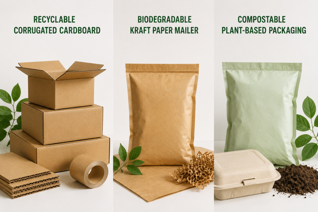 Three eco-friendly packaging materials displayed side by side: recyclable corrugated cardboard, biodegradable kraft paper mailer and compostable plant-based packaging with leaves and soil.